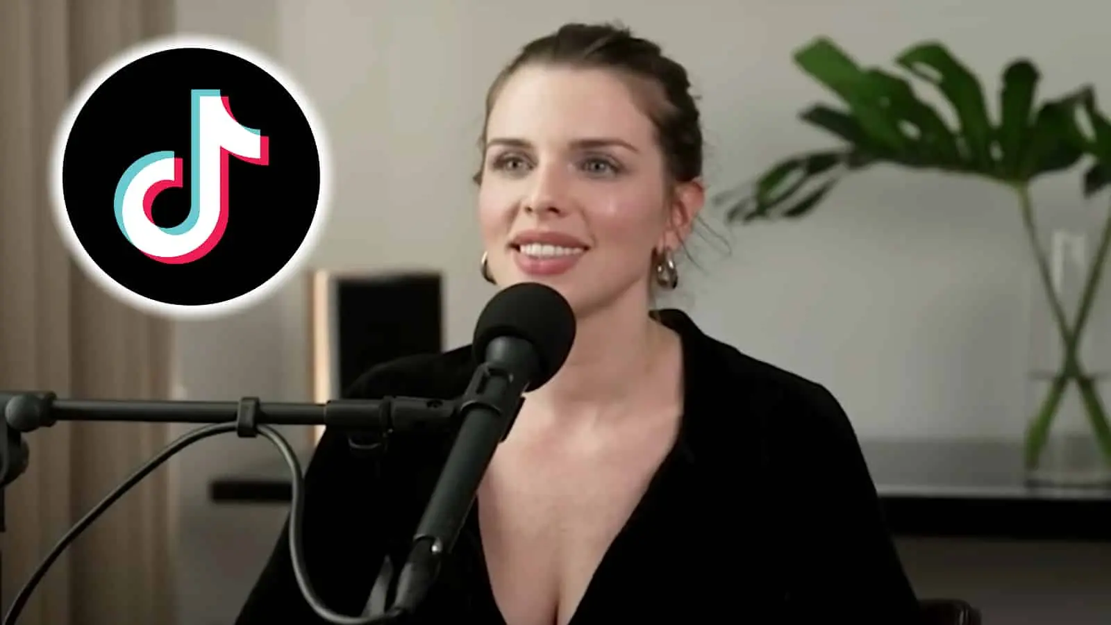 Julia Fox talking on a podcast next to the TikTok logo