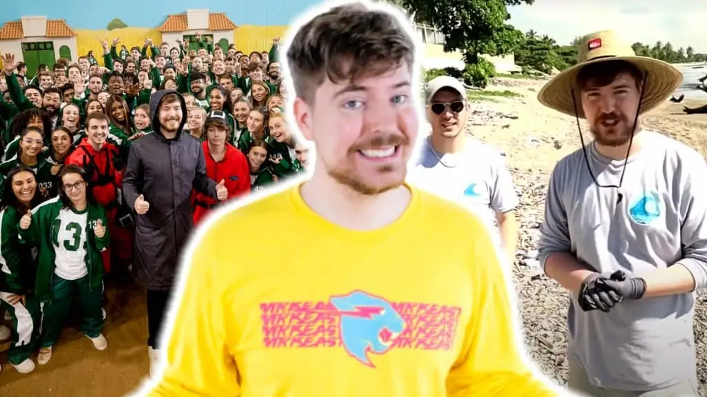 MrBeast standing next to images from Squid Game and Team Seas