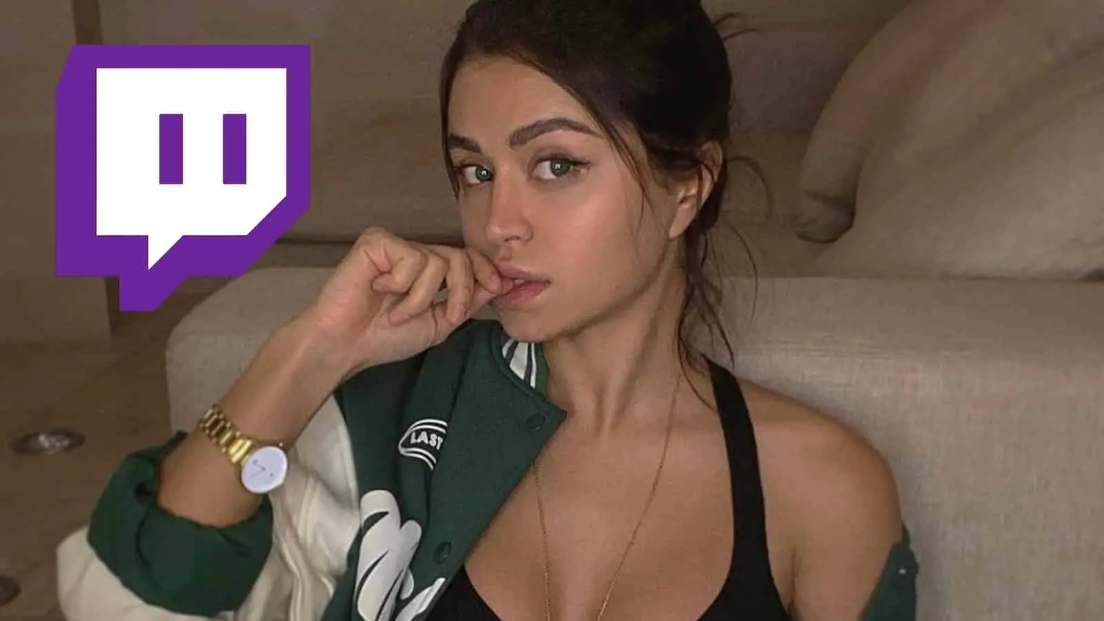 twitch streamer mira posing with twitch logo in corner