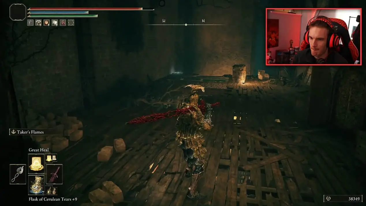 YouTuber PewDiePie playing Elden Ring during stream screenshot.