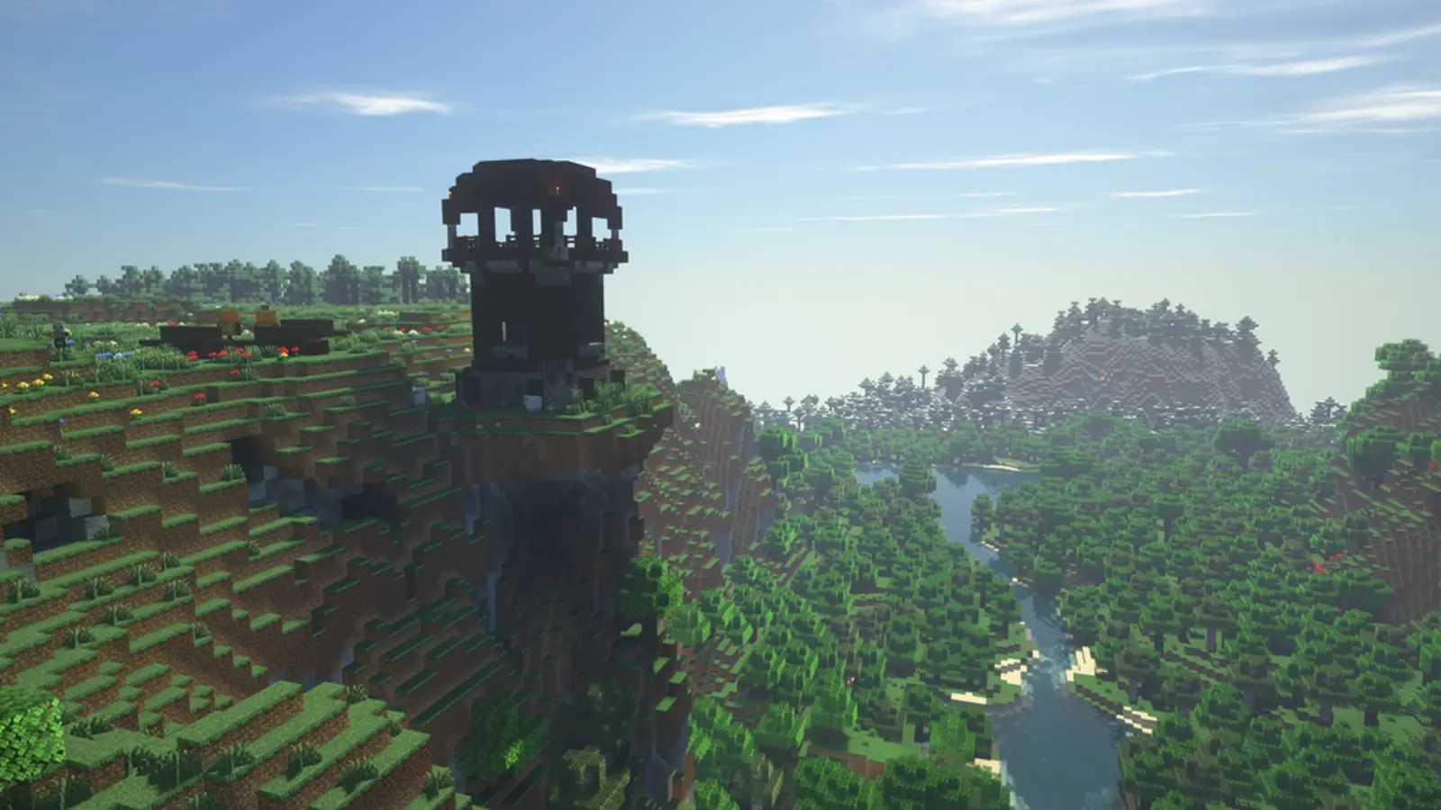 A pillar outpost overlooking a cliff in Minecraft