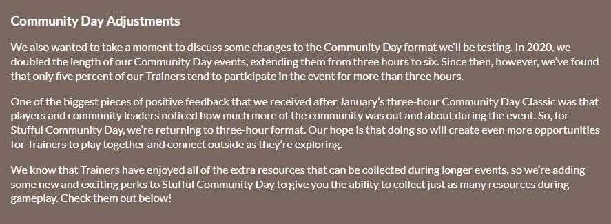 pokemon go community day message regarding shortening the event to three hours