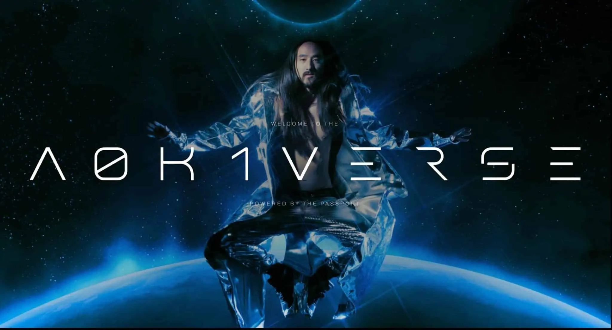 Steve Aoki floating in space with a silver jacket and "Welcome To the aokiverse" printed in text over him