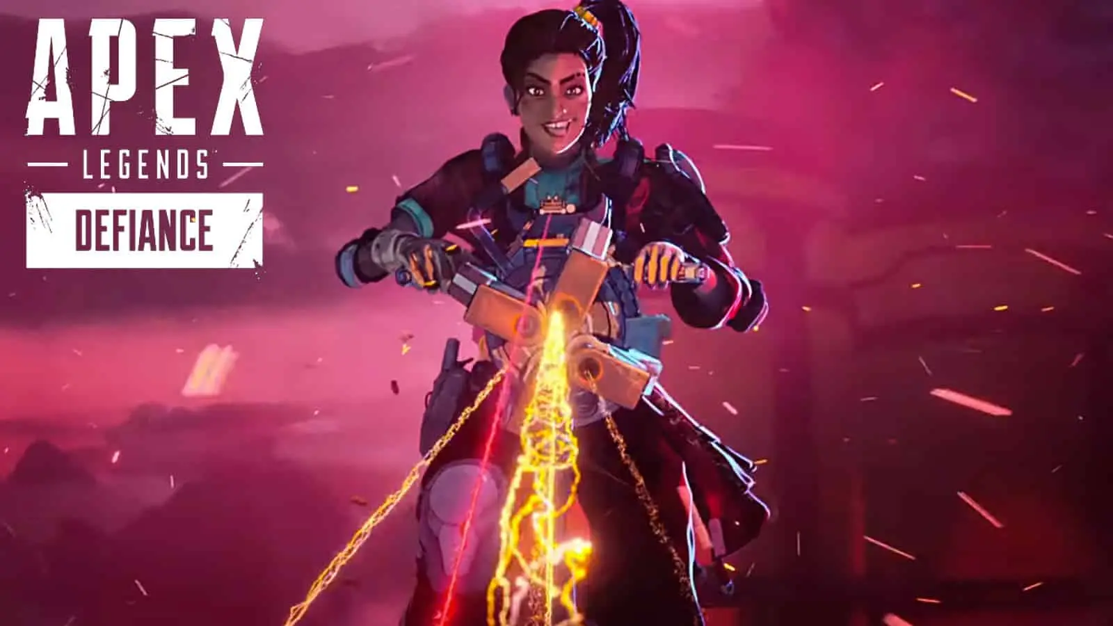 Rampart firing Sheila with Apex Legends Season 12 logo