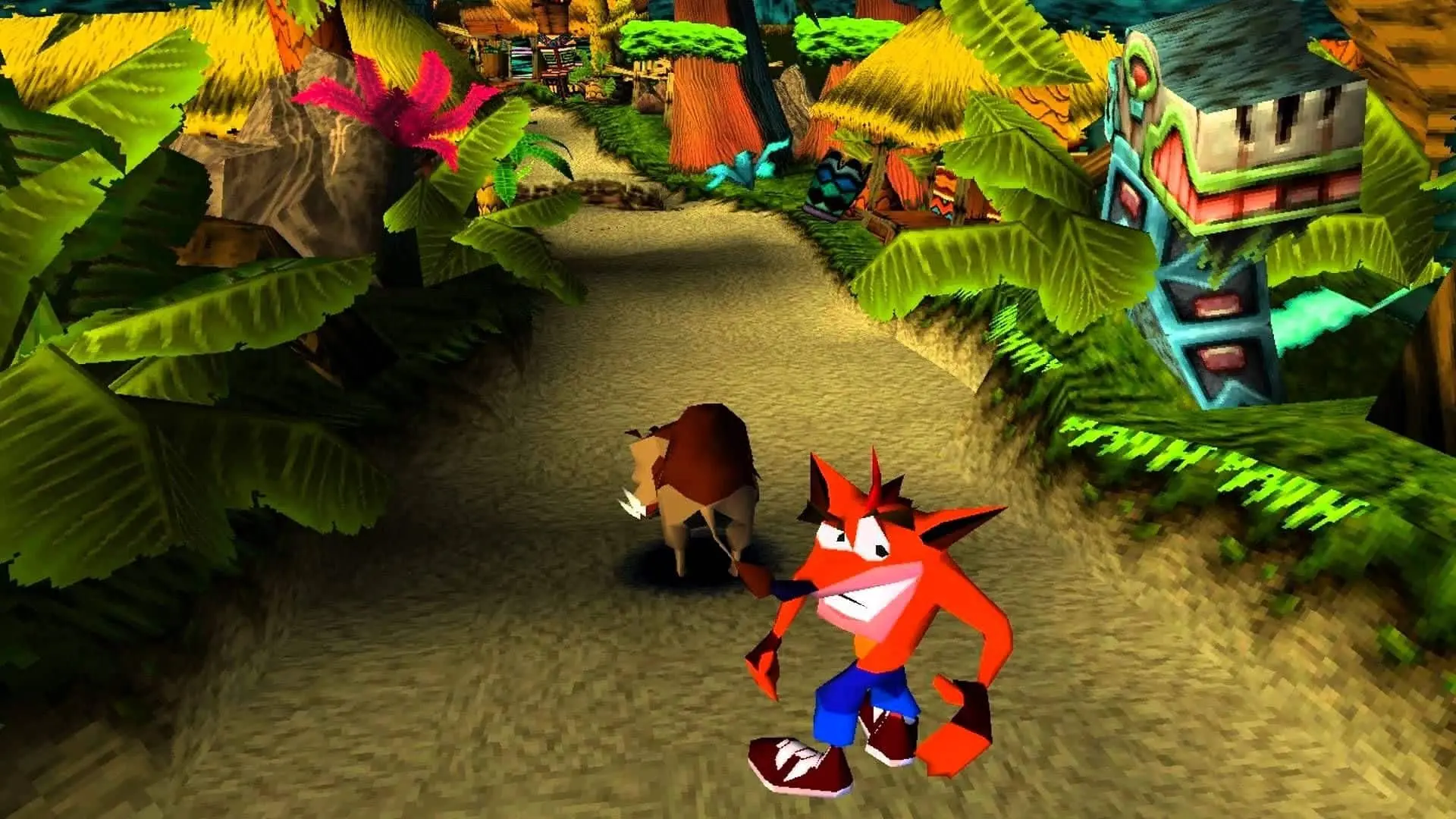 crash bandicoot looking behind him and smiling at the camera