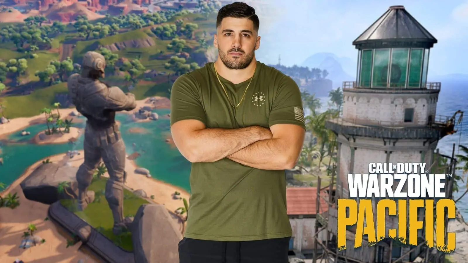 NICKMERCS with Warzone and Caldera background