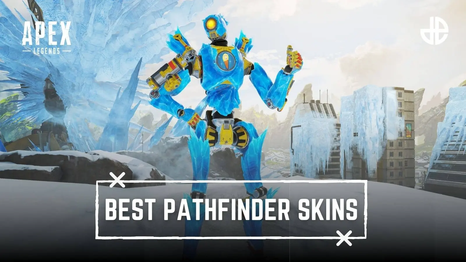 Pathfinder, a blue robot standing among frozen buildings, giving a thumbs up