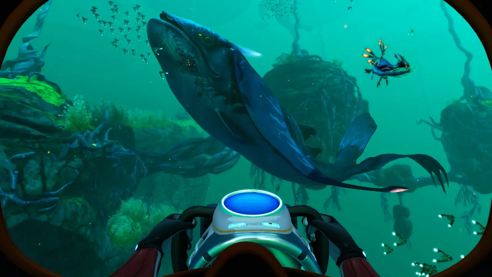 A whale swimming in Subnautica