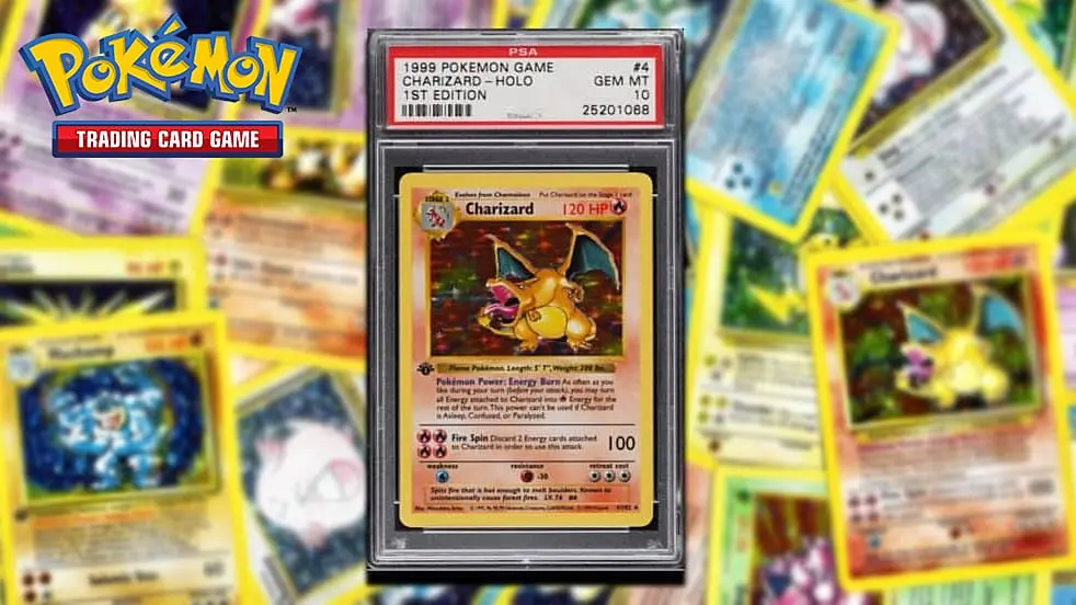 An image of a Charizard Pokemon card with the trading card game logo