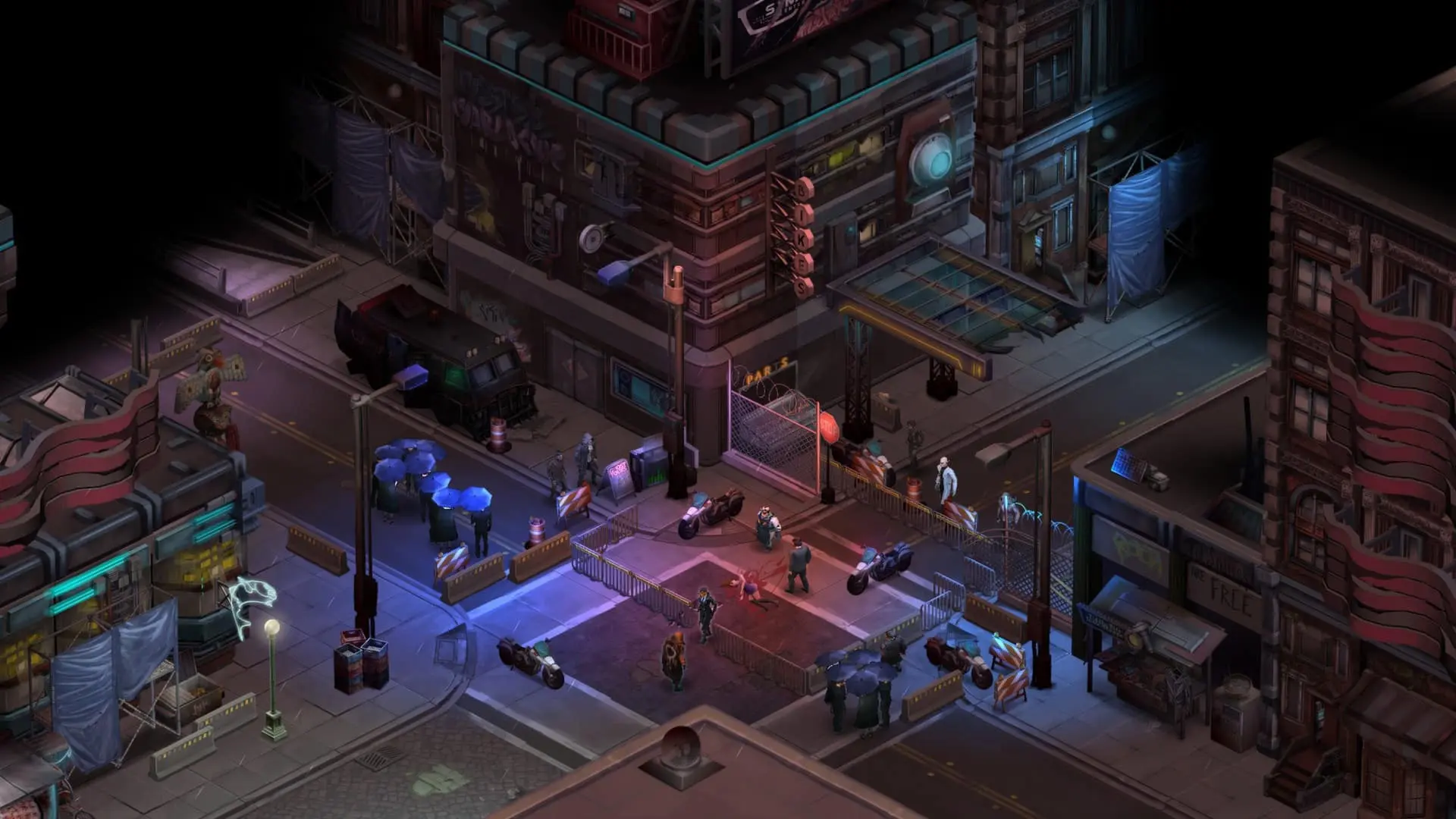 Shadowrun Dragonfall screenshot showing exploration of a cyberpunk city