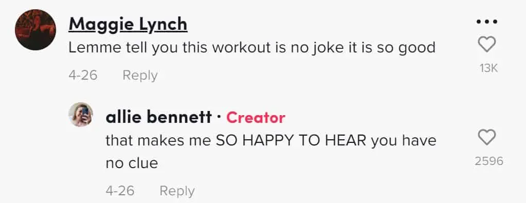 TikTok workout comment 1