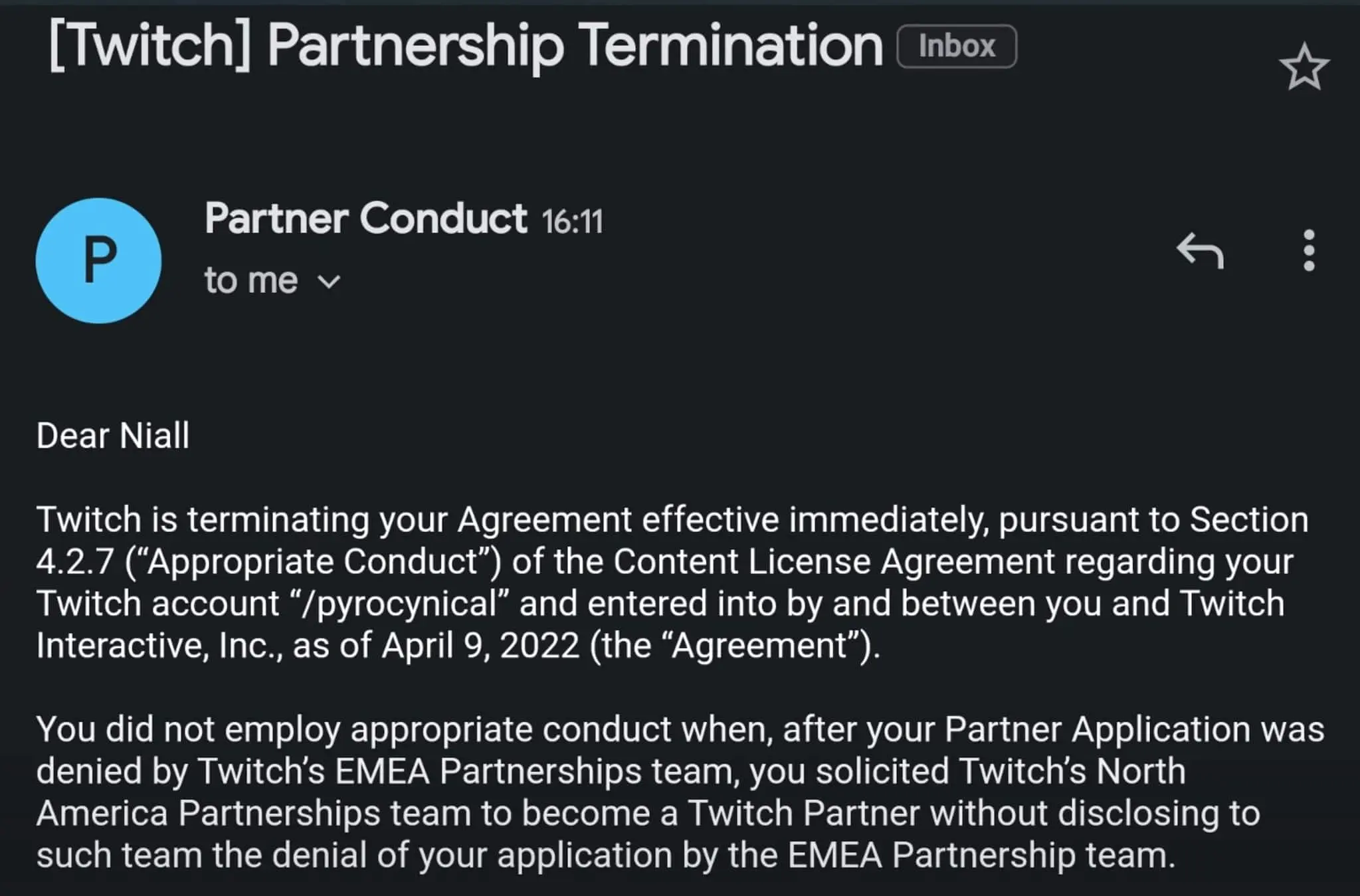 Pyrocynical Twitch partnership email