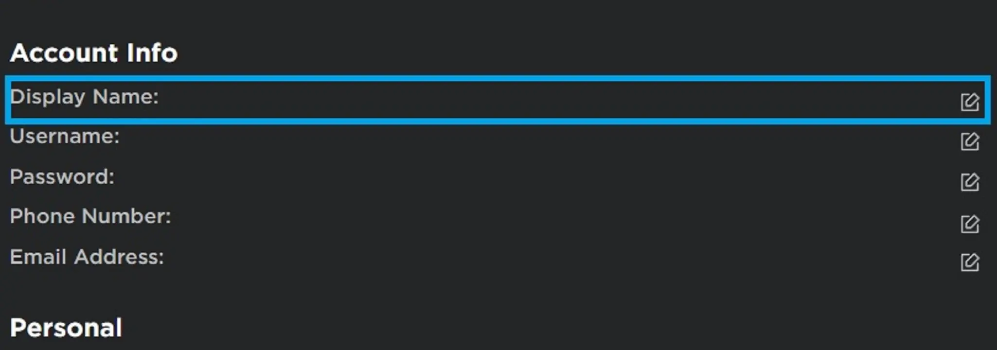 screenshot of the account info tab where you can change your display name in Roblox