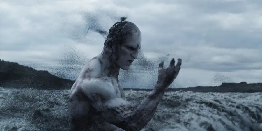 A ghostly white man disintegrates in Prometheus 2012