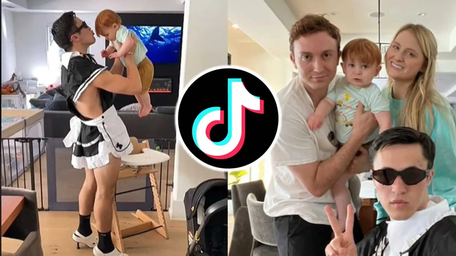 TikToker Chris Olsen posing with Meghan Trainor, her husband Sabara, and their son Riley