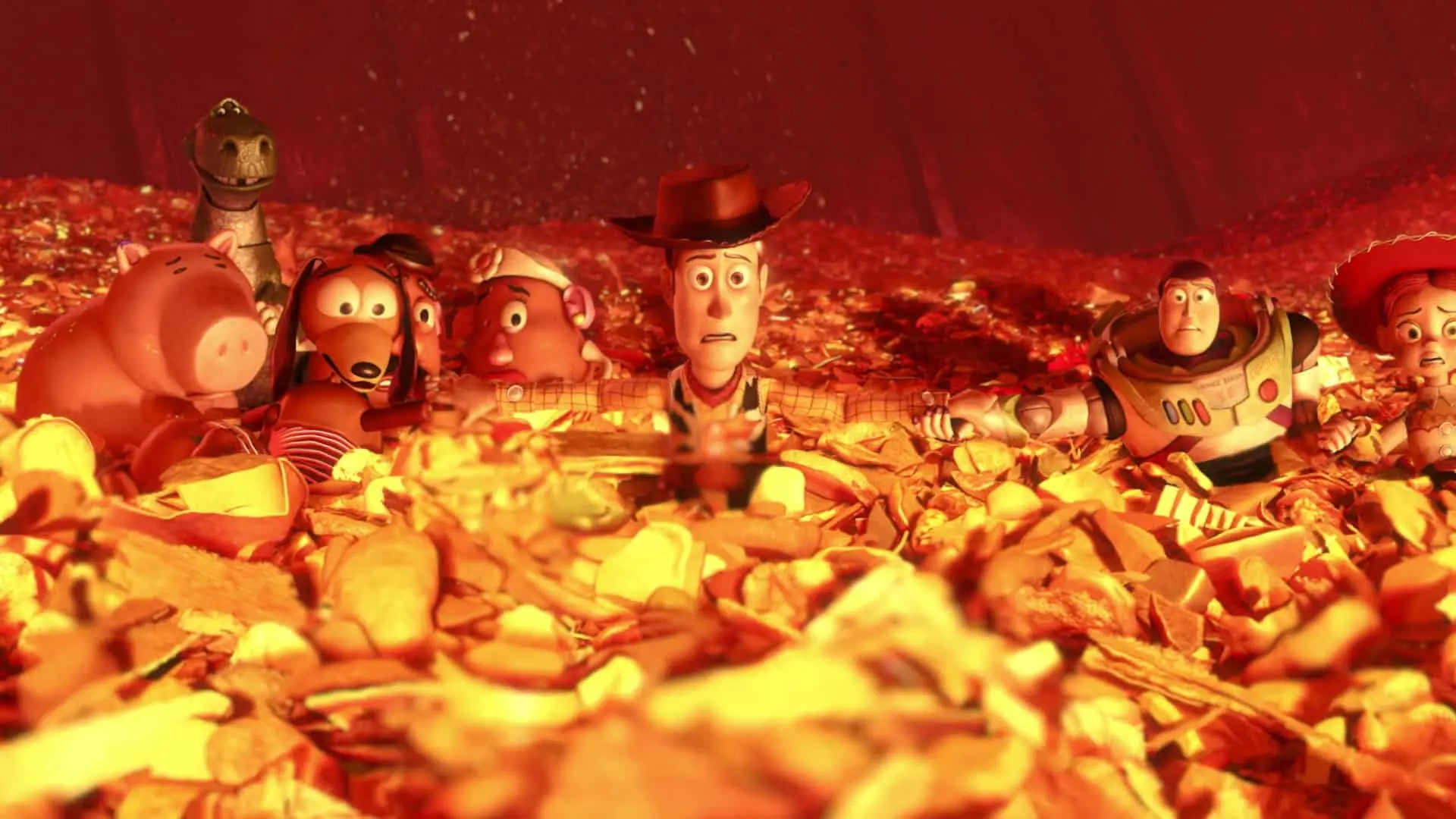 The toys in Disney Pixar's Toy Story 3 in the furnace scene at the end of the film.