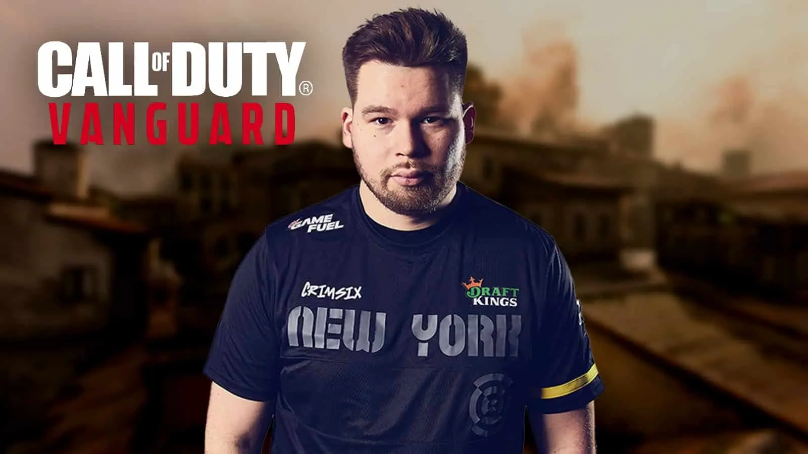 Crimsix with blurred Tuscan background and CoD Vanguard logo in Corner