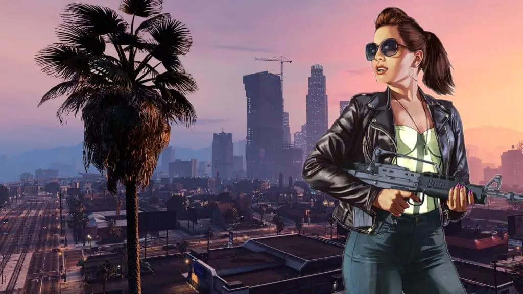 GTA character in front of Los Santos