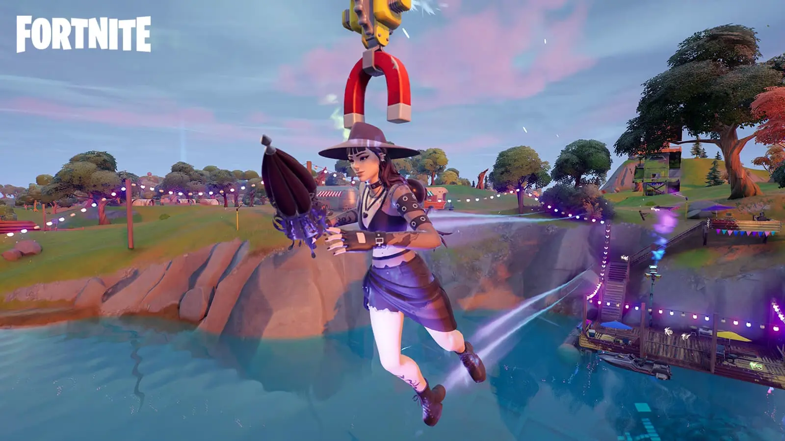 A Fortnite player using a zipline