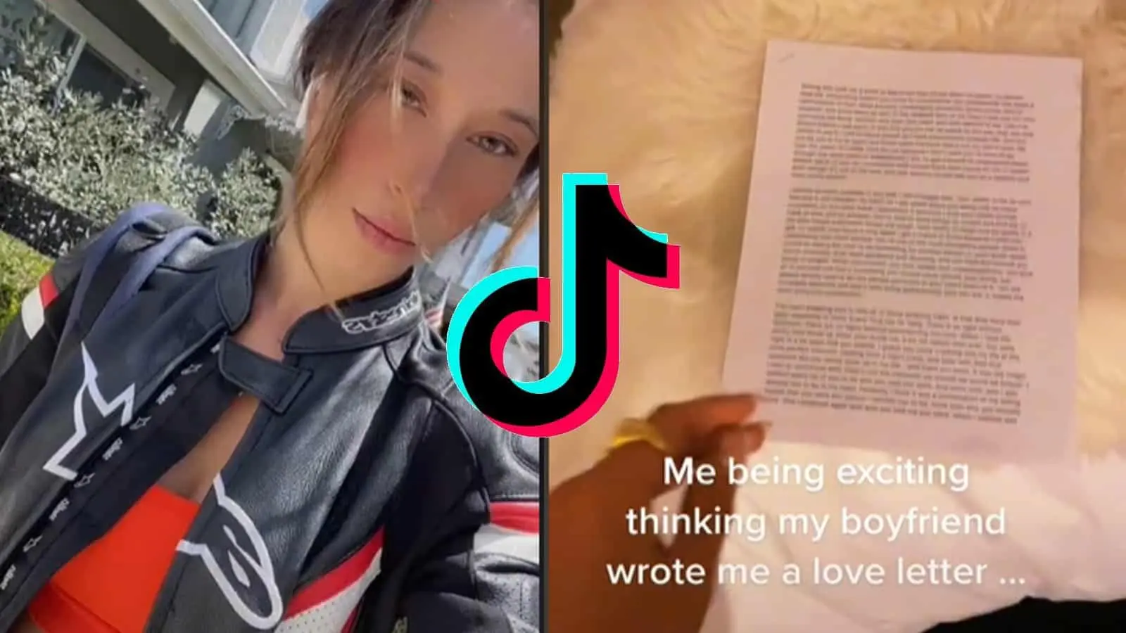 Karla Velarde posing in TikTok video next to breakup letter from her boyfriend with TikTok logo