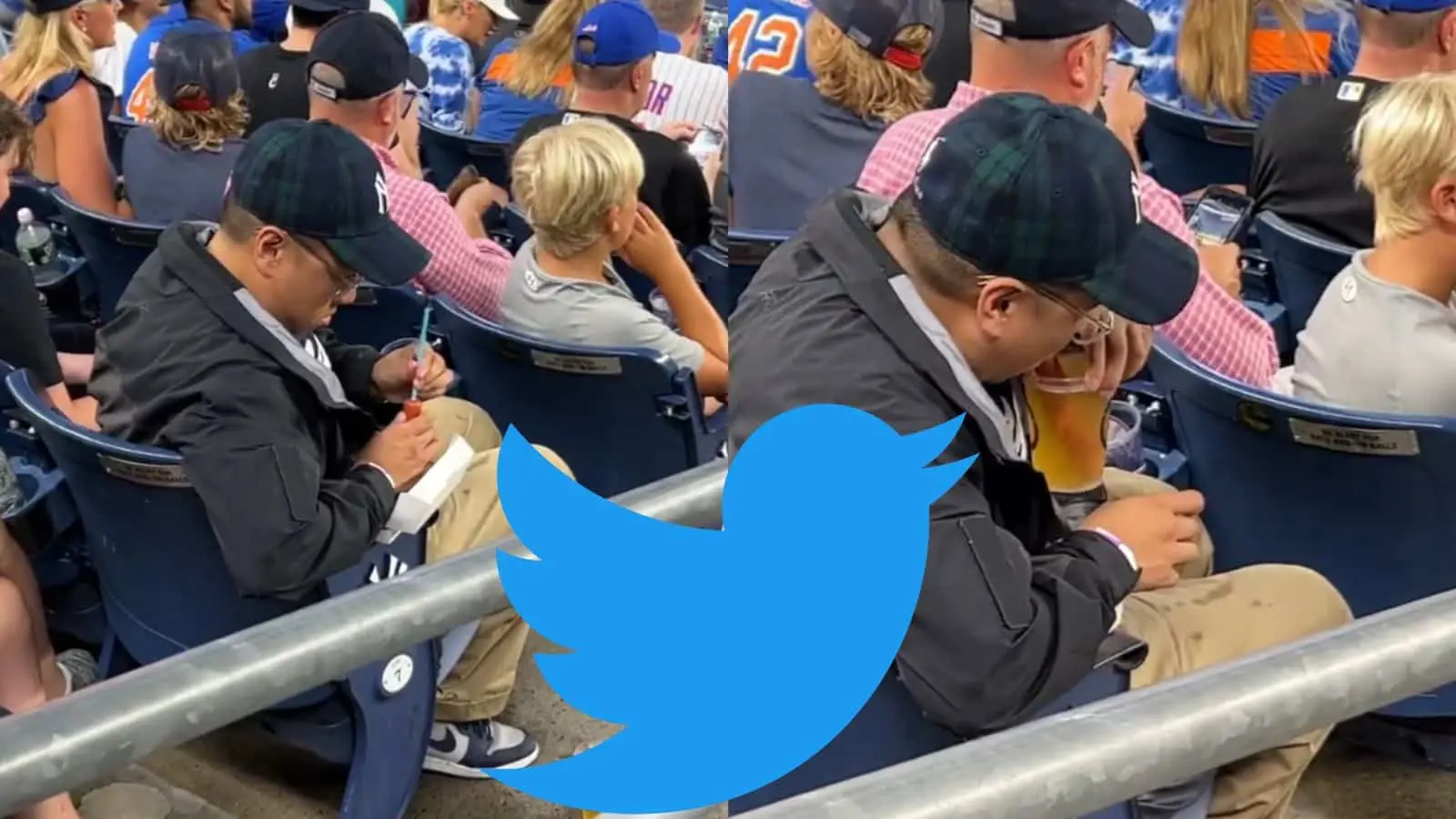 Man using a hotdog as a straw in Baseball game