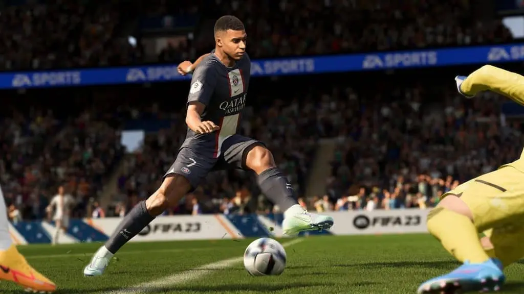 kylian mbappe taking a shot in fifa 23