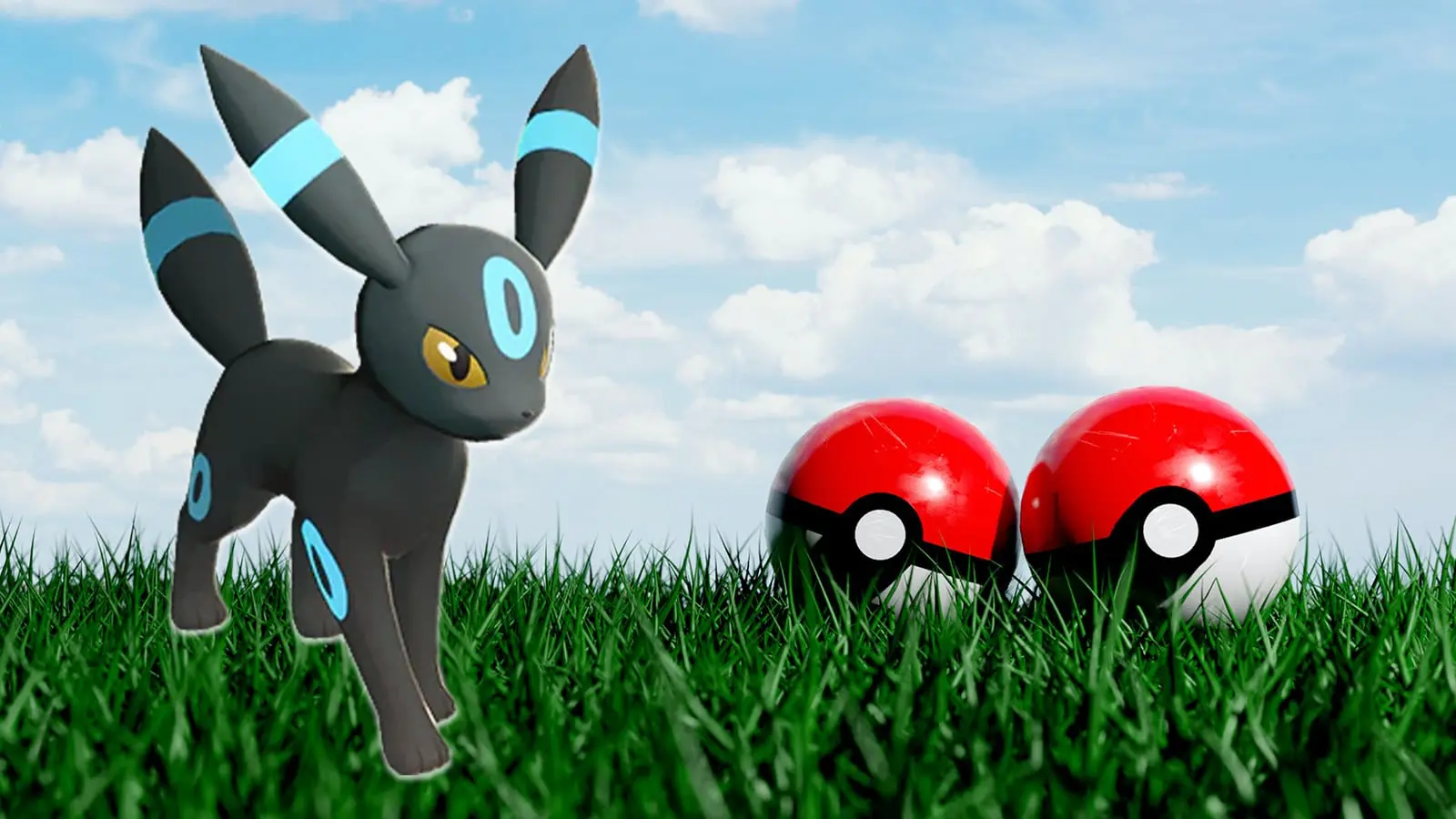 Shiny Umbreon beside Pokeballs