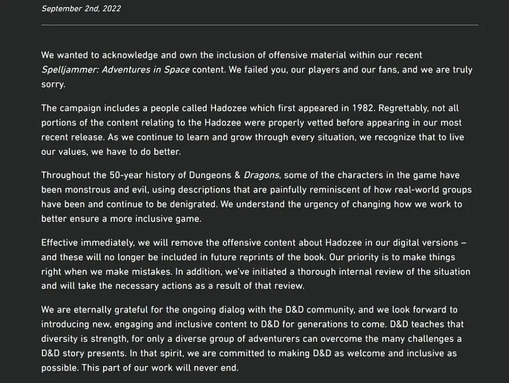 wizards of the coast hadozee apology statement