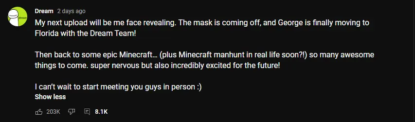 dream youtube community post explaining he will reveal his face soon