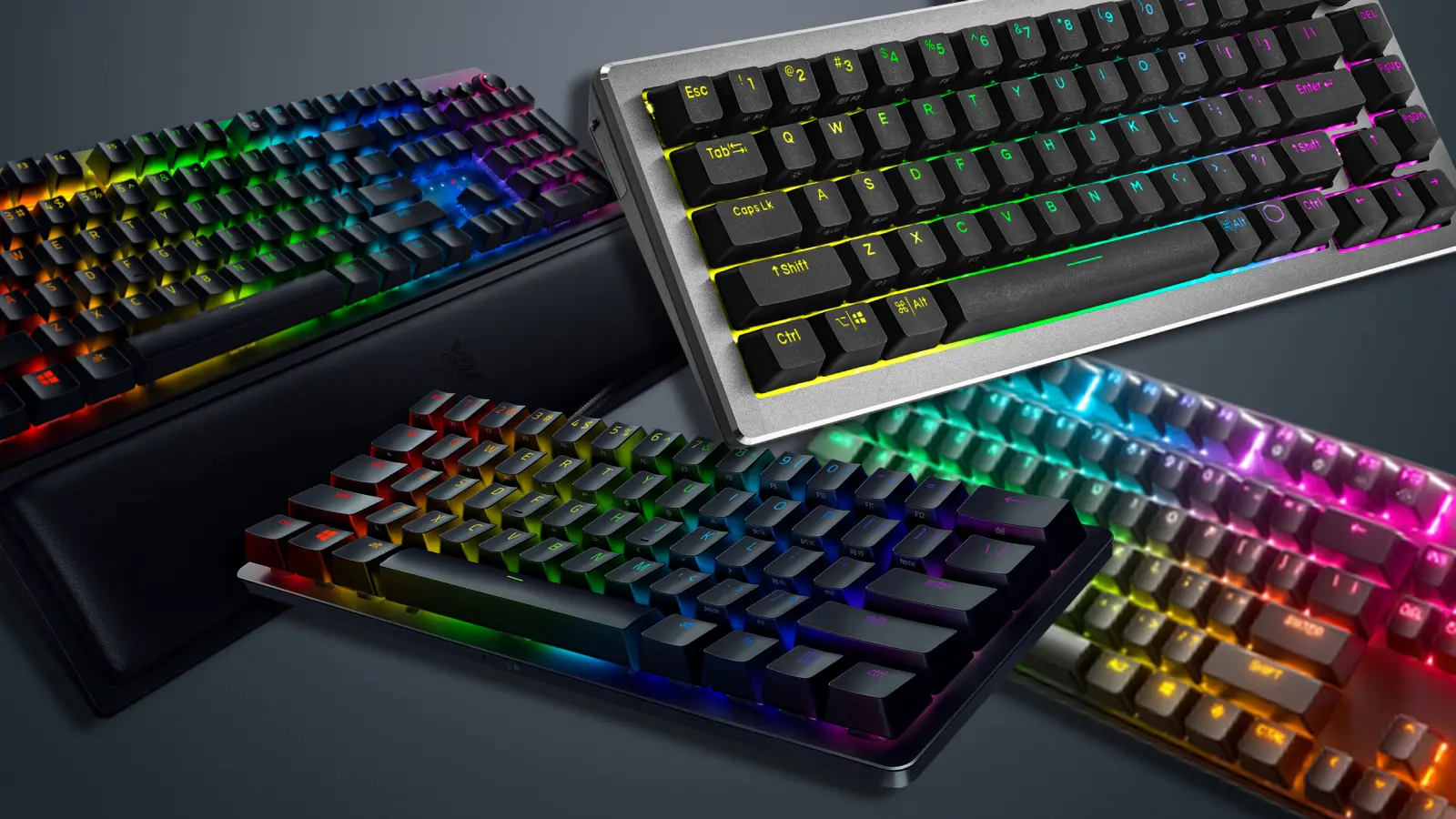 few t Gaming Keyboards stacked together on a dark background