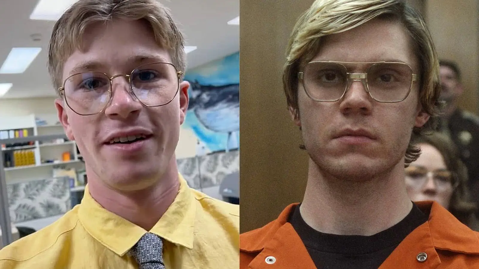 Robert Irwin dressed as Dwight Schrute in viral TikTok, next to image of Evan Peters as Jeffrey Dahmer