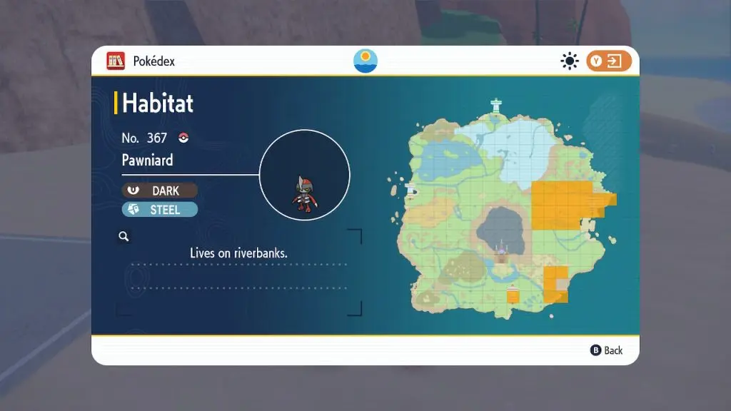 An image of Pawniard locations in the Pokdex