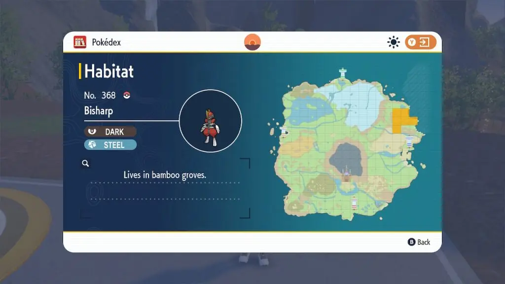 An image of Bisharp locations in the Paldea Pokedex.