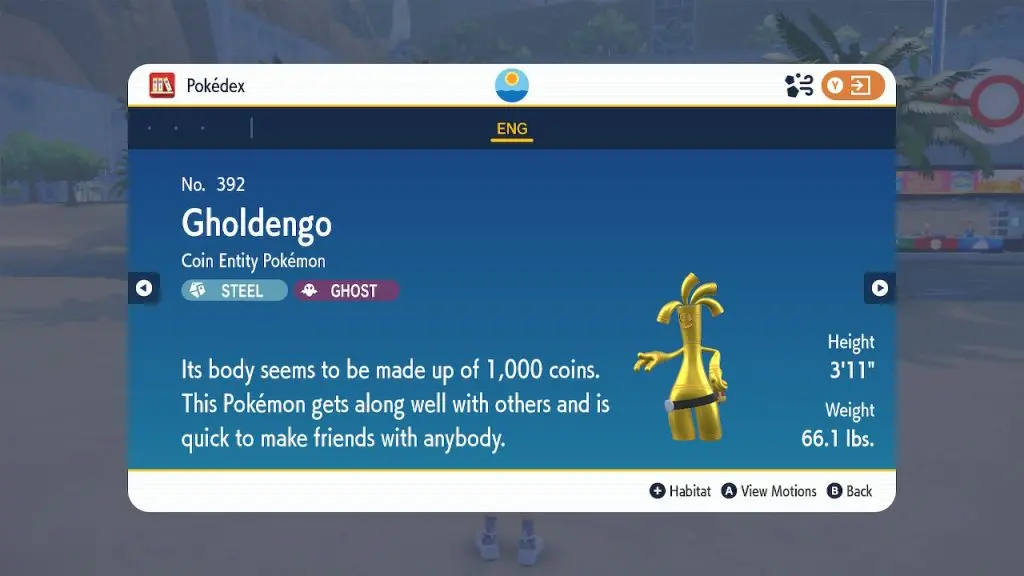 Gholdengo on the PokeDex for Pokemon Scarlet and Violet.