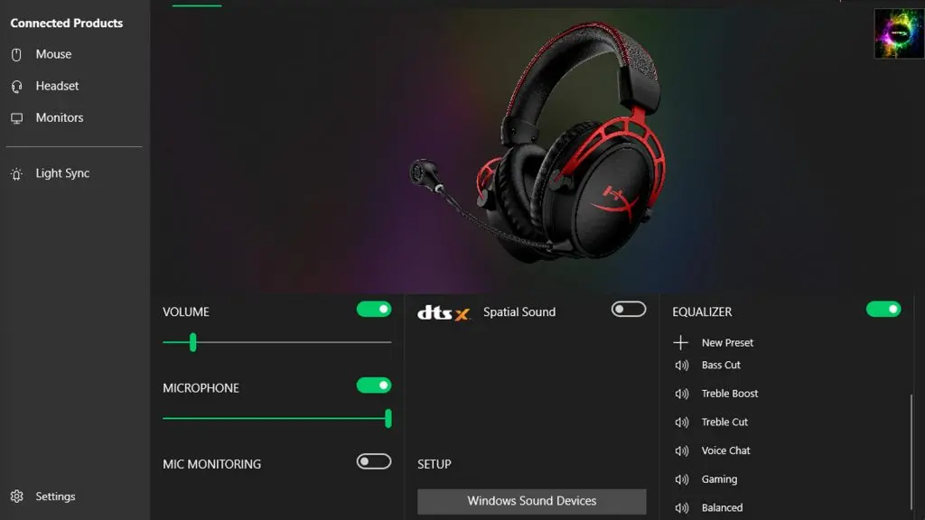 HyperX NGENUITY software menu