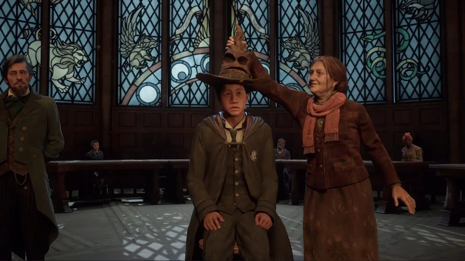 Hogwarts Legacy character sitting at the sorting hat.