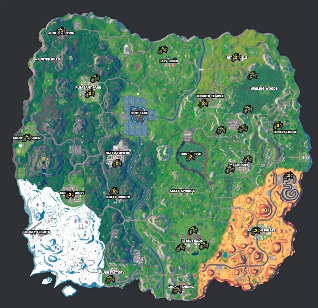 All Fortnite Trail Thrasher dirt bike locations on the map for Season OG.