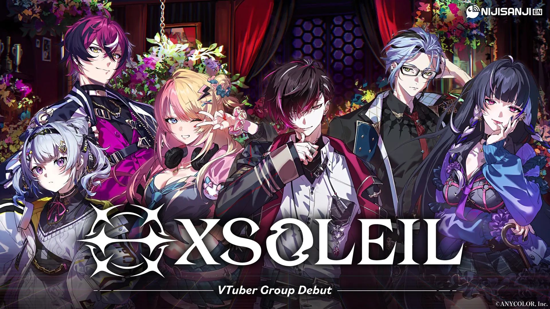 NIJISANJI XSOLEIL VTuber group key art with Zaion LanZa, Doppio Dropscythe, Ver Vermillion, Meloco Kyoran, Hex Haywire, and Kotoka Torahime