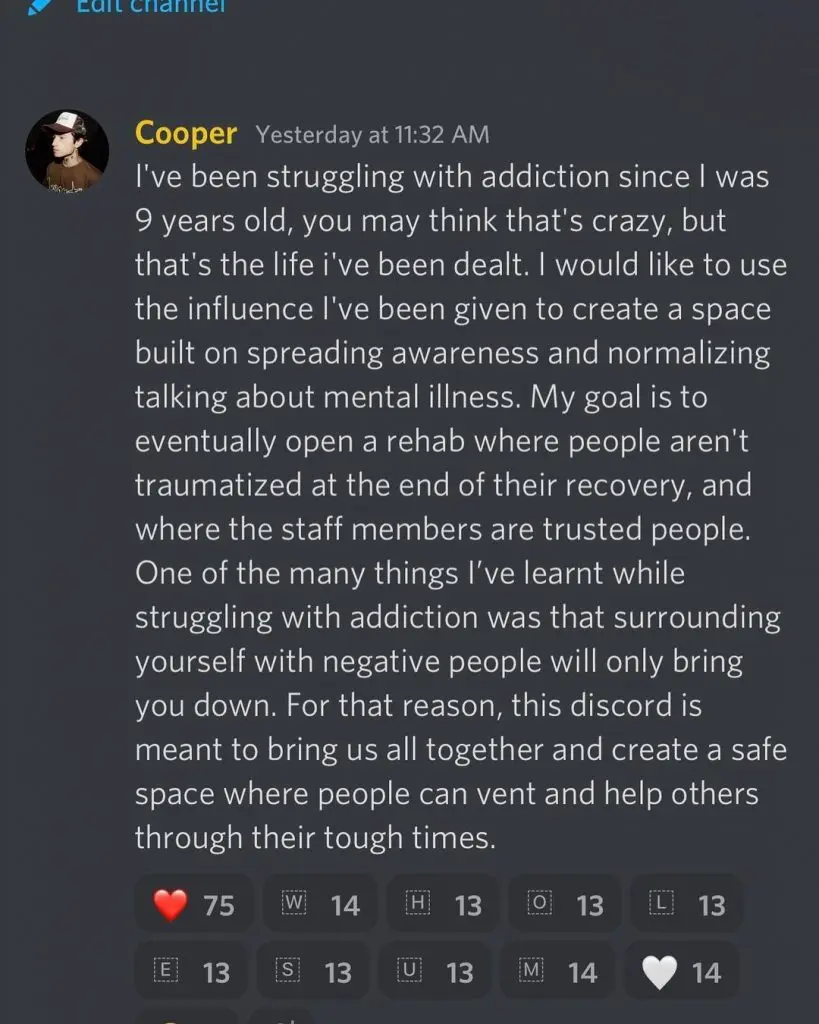 Cooper Noriega announces discord for mental health