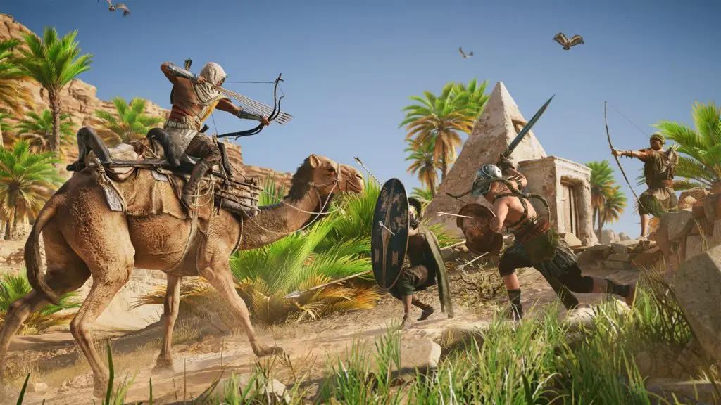 a character shooting arrows while riding a camel in AC Origins