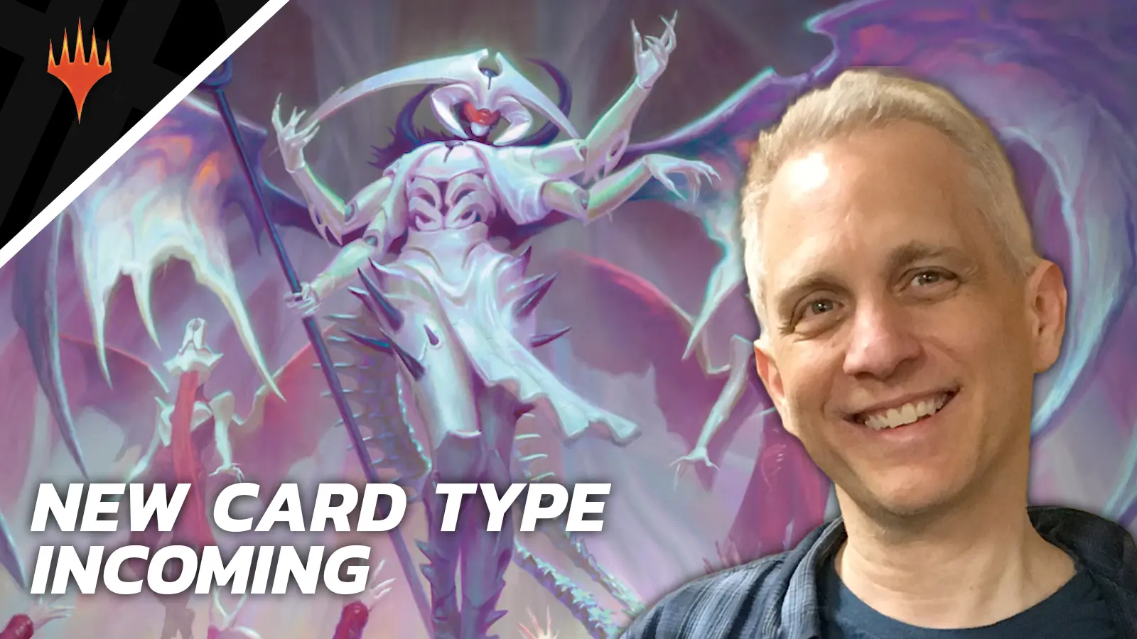 Mark Rosewater on top of Atraxa with text saying "New Card type incoming"