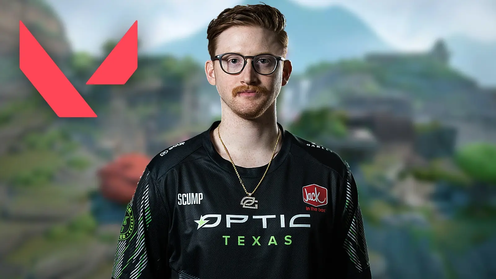 OpTic Texas Scump over Valorant background with Valorant logo in top left corner