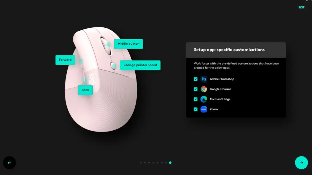 A screenshot showing the Logi Options+ interface with the Lift mouse