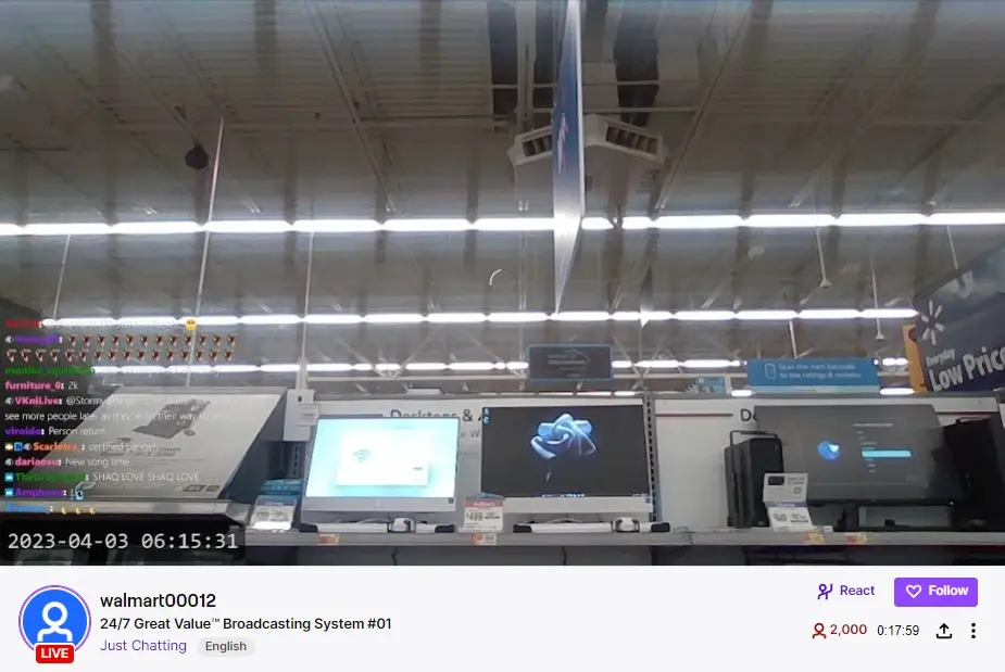 A screenshot of the PC broadcasting at Walmart to 2000 viewers