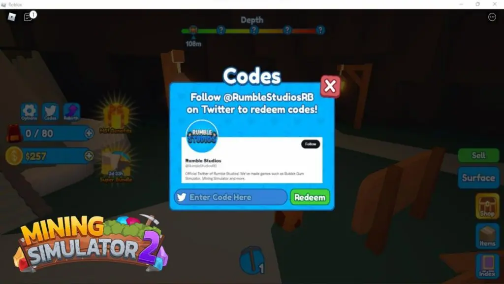 Codes Redeem Window at Mining Simulator 2