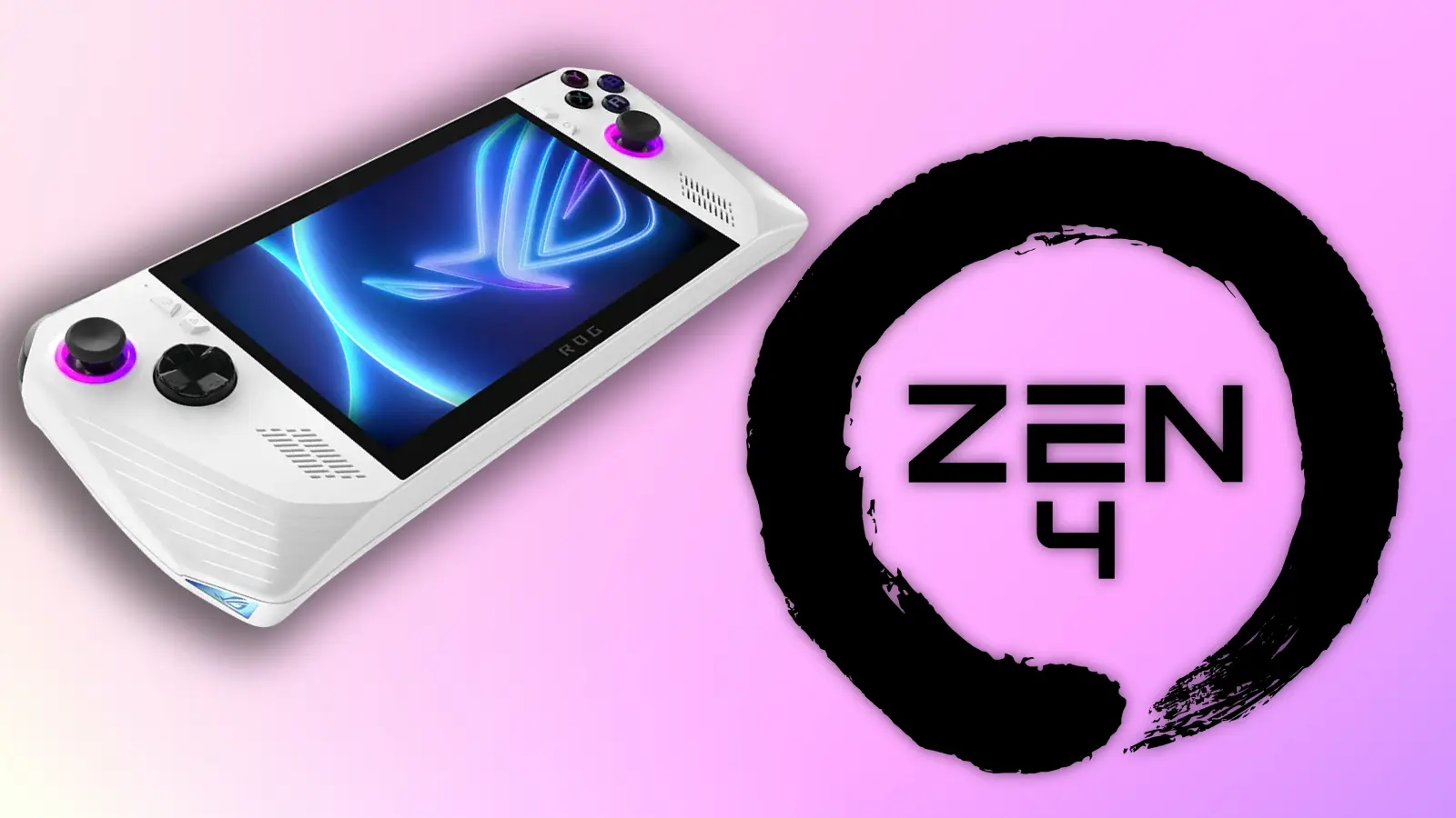 ROG Ally next to Zen 4 logo on pink background