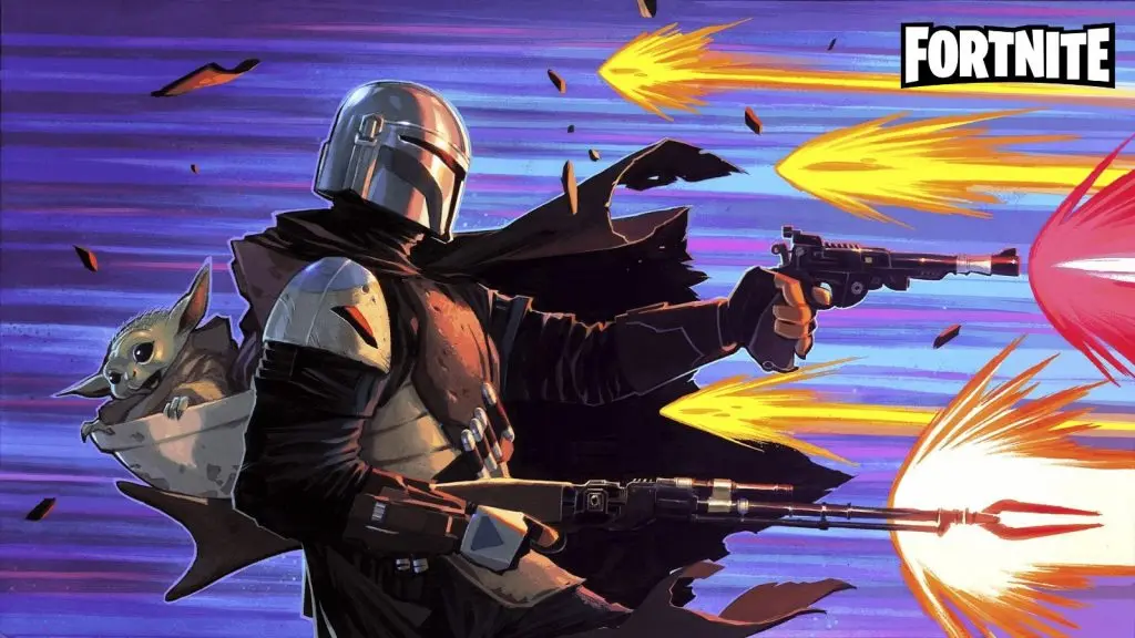 The Mandalorian with Grogu on a Fortnite Loading Screen