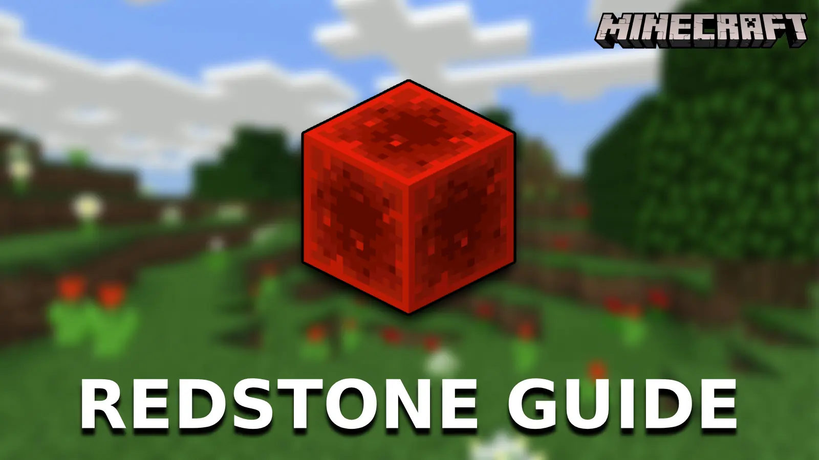 a block of redstone in the middle with the minecraft logo on top right and a blurred greenish background