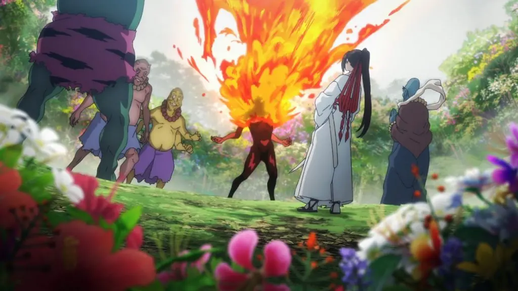 An image of Gabimaru's team fighting Doshi in Hell's Paradise