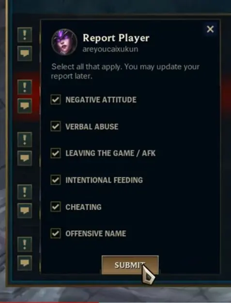 league of legends ingame report function